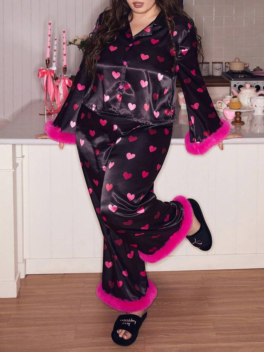 Plus Size Cute Heart Pattern Pajama Set Cute Sleep Wear Women Heart Pajama Set Lounge Sets For Women Sleepwear Pajamas Cute Pajamas For Woman - Multicolor - View 1