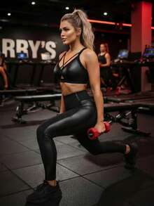 Innovista 女士交叉镂空设计文胸，性感百搭，适合其他舞蹈服饰；女士亮面高弹皮革质感运动文胸 - 黑色 - 查看 6