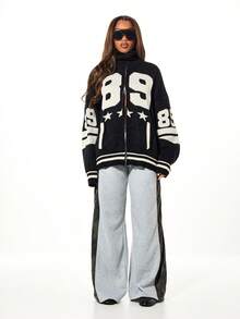 SUMWON WOMEN Áo khoác cardigan dệt kim dáng rộng, vai rớt, khóa kéo, kiểu dáng thể thao, in số 89 và họa tiết ngôi sao. - màu đen - Xem 5