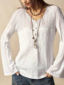 Bohemela Semi-Transparent Lace And Knitted Button V-Neck Flared Long-Sleeved Slightly Stretchy Women's Top - White - View 7