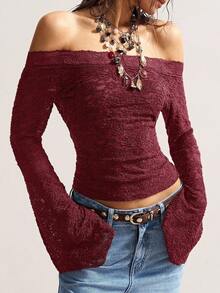 Bohemela 波西米亚复古休闲纯色针织蕾丝露肩喇叭袖修身女式上衣 - 酒紅色 - 查看 3