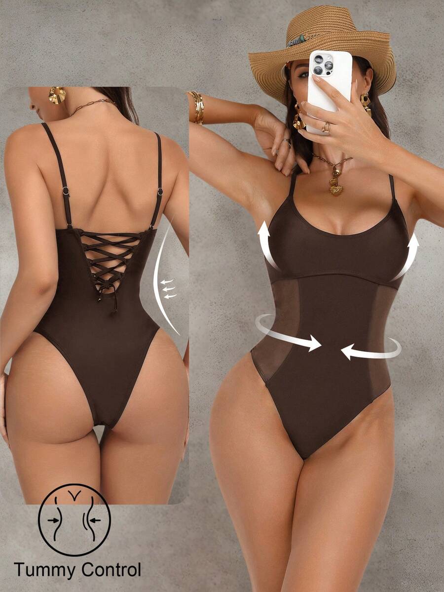 Shapewave Đồ bơi một mảnh lưới vá dây rút nâng bụng cho nữ, cổ tròn lưới màu đen - Cà phê nâu - Xem 1
