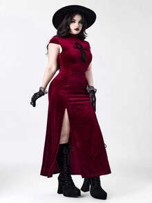 ROMWE Goth 大码女式哥特吸血鬼紧身古埃及十字架镂空高开衩连衣裙 - 酒紅色 - 查看 7