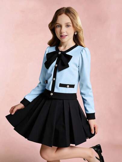 Tween Girl Contrast Color Round Neck Bow Decor Long Sleeve T-Shirt Set