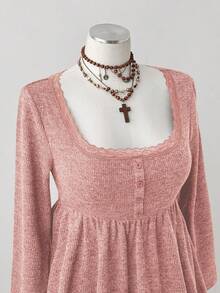 Sunspun 加大码秋冬方领长袖高弹荷叶边纽扣娃娃领休闲仿皮草毛衣，咖啡棕色，复古优雅，适合约会和聚会 - 粉色 - 查看 4