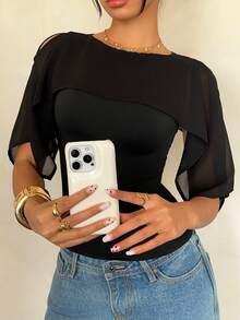 Siren Gaze Women's Bohemian Style Chiffon Knit Blouse (Black) Shawl Top Black Top Sheer Sleeve Top Cut Out Sleeve Top Cute Black Top Black Sheer Top Summer - Black - View 4