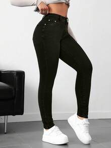SHEIN Tall 高个女式弹力水洗牛仔紧身牛仔裤 - 黑色 - 查看 4