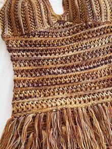 Soleia Women's Vintage Maillard Color Tassel Hem V-Neck Halter Mini Dress, Suitable For Cruise, Holiday, Date, Afternoon Tea, Party, Nightclub, Beach, Island Resort, Road Trip, Hippie, Music Festival, Wedding Season, Boho Vacation Beach Dress, Can Be Worn Inside Or Outside, Suitable For All Seasons Crochet Sets For Women Crochet Skirt Set Earthy Clothes Women Bohemian Brown Two Piece Set Women Western Goddess Outfit Sexy Vacation Dress Fringe Dress Tassel Dress Havana Nights Outfit - Multicolor - View 4