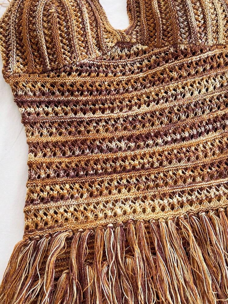 Vestido Curto Vintage Soleia com Decote em V, Alça Halter e Bainha com Franjas, Cor Maillard, Adequado para Cruzeiro, Férias, Encontro, Chá da Tarde, Festa, Balada, Praia, Resort de Ilha, Viagem de Carro, Hippie, Festival de Música, Temporada de Casamento, Vestido de Praia Boho para Férias, Pode Ser Usado por Dentro ou por Fora, Adequado para Todas as Estações - Multicolorido - Visão 4