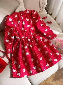 Elladie kids Young Girl' Energetic Sunshine Sweet Cute White Heart & Polka Dot Print Long Sleeve Casual Red Dress - Red - View 2