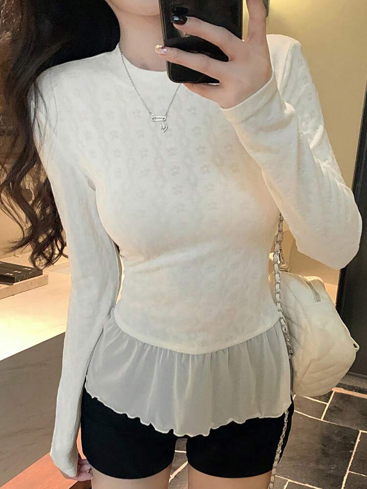 Women's Round Neck Long Sleeve Ruffle Hem Fashion T-Shirt
