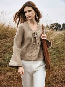 Florisole 女士前系带长袖波西米亚风套头毛衣，秋冬款 - 卡其色 - 查看 3
