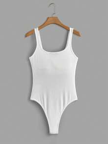 SHEIN Comfortcana Bộ đồ liền thân đơn giản màu trơn có đệm ngực cho nữ, mùa hè - trắng - Xem 2