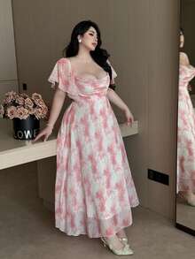Vibekara Plus Size Floral Print Chiffon Maxi Dress, Sweet Style, Suitable For Outdoor Wear, Spring/Summer - Pink - View 4