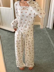 Cute Puppy Print Knitted Women Pajama Set - White - View 8