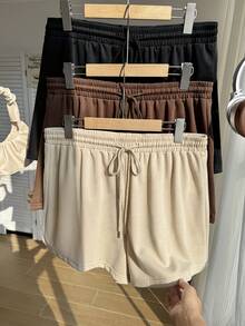 Comfortcana 3 Pcs/Set Plus Size Solid Drawstring Casual Daily Spring Summer Shorts Women Shorts - Multicolor - View 8