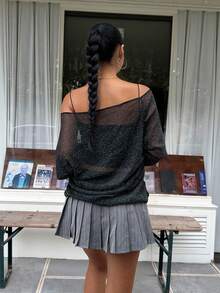 SHEIN EZwear 1 件女式不对称领闪亮网眼长袖时尚上衣