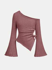 SHEIN Tween Girl Pink Drawstring Asymmetric Hem Flared Sleeve T-Shirt,Off Shoulder T-Shirt,Fall Clothes,Halloween Clothes,Comfortable T-Shirt,Back To School Season, Christmas - Pink - View 2