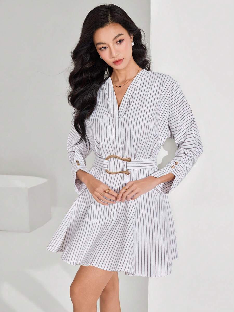 Heiryn Women's Casual Striped Long Sleeve Mini Dress - White - View 1