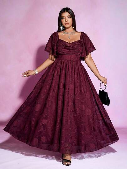 Viva Relle Valentine Plus Size Women Cutout Heart Neck Ruffle Hem Short Sleeve Elegant Dress