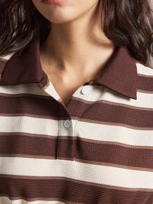 Easelle Áo thun chui đầu tay dài thời trang, cài nút nửa thân, in họa tiết sọc - Nhiều màu - Xem 8