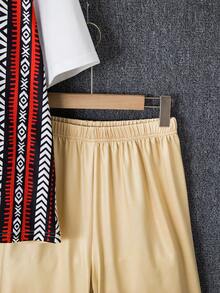 Vacaura 2pcs/Set Teen Boy Casual Retro Print Patchwork Contrast Color T-Shirt And Shorts Set,Summer Streetwear Vacation Outfit For Preteen Boys Daily Wear - Khaki - View 6
