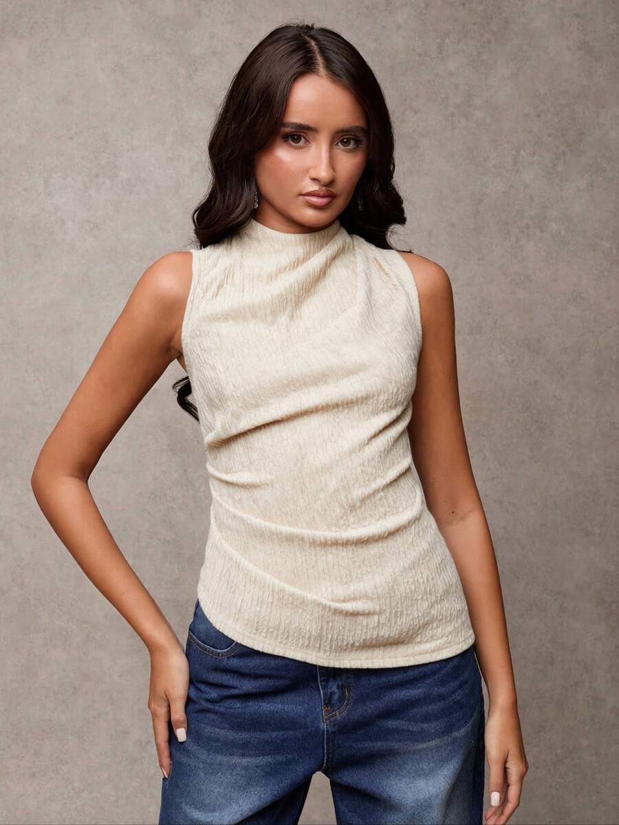 SHEIN BAE Women's Solid Color Mandarin Collar Sleeveless Fitted Casual Textured Fabric Tank Top - Apricot - View 1