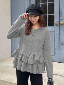 FRIFUL Women's Round Neck Metal Button Decor Hem Layered Ruffle Trim Fitted Casual T-Shirt - Light Grey - View 6