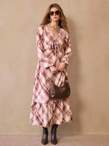 Florisole 女士休闲格子荷叶边长袖连衣裙，适合度假穿着，格子连衣裙，方格连衣裙，系带连衣裙，秋季连衣裙 - 鏽棕色 - 查看 5