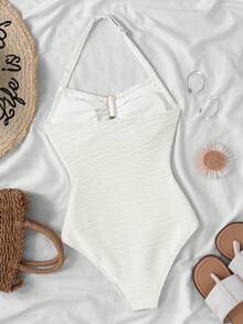 SHEIN Tween Girls Beige Halter Swimsuit, New Spring/Summer 2026 Collection, Beach Vacation & Casual Daily Fashion