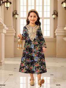 SHEIN Girls' Black Ditsy Floral Long Sleeve Dress With Gold Lace Trim,Traditional Wedding Autumn Fashionable Piece For Outings,Performances And Gatherings - Black - View 4