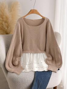 SHEIN CURVE+ Plus Size Casual Round Neck Drawstring Waist Lantern Sleeve Patchwork Ruffle Hem Sweater, Women Crochet Knit Top, Cottagecore Autumn/Winter/2026 /New Year - Multicolor - View 1