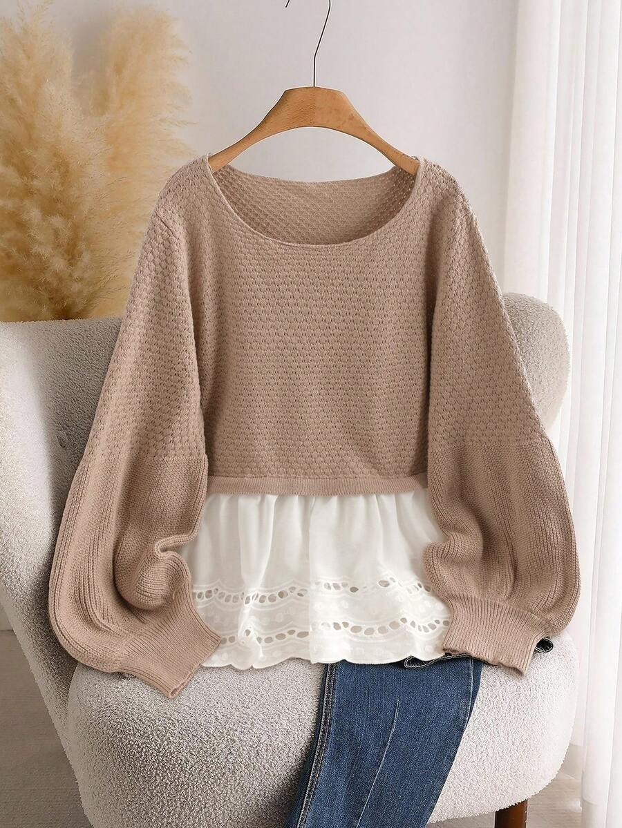 SHEIN CURVE+ Plus Size Casual Round Neck Drawstring Waist Lantern Sleeve Patchwork Ruffle Hem Sweater, Women Crochet Knit Top, Cottagecore Autumn/Winter/2026 /New Year - Multicolor - View 1