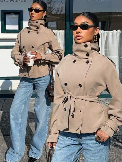 Muchica Women's High-Neck, Fitted Waist, New Autumn/Winter Fashion, Everyday Casual, Versatile, Comfortable Khaki Pocket Belted Trench Coat, Retro Style, Suitable For Back-To-School Teachers, Autumn/Winter Retro Business Casual Women's Trench Coat Belted Jacket, Short Jacket, Women's Suit Jacket, High-Neck Fitted Waist Set, Linen Blend Collarless Long-Sleeved Lightweight Coat, Autumn/Airport/Outing