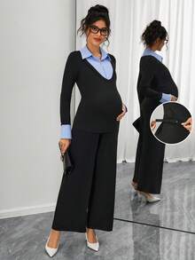 Momance 孕妇条纹衬衫领拼接长袖上衣搭配可调节腰围阔腿裤休闲通勤套装 - 黑色 - 查看 1