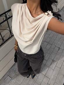 Siren Gaze Women Elegant Beige Summer Office Sleeveless Top,Pearl Pleated Chiffon Blouse,Fashionable Draped Cowl Neck Shirt,Modest Chic Teacher Things Cream Top - Apricot - View 3