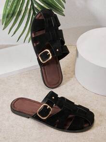 Solezae Women's Vegan Suede Black Buckle Strap Fisherman Slide Sandals – Elegant, Soft & Vacation-Ready. Valentine's Day - Black - View 7