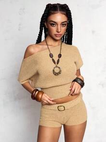 ROMWE J-Fashion Vintage Sexy Glitter Knit Adjustable Asymmetrical Shoulder Women Sweater Set - Gold - View 6
