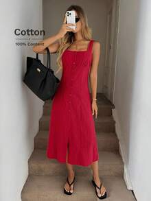 Easowa Square Neck Ruched Bust Cup High Slit Back Tie Cinched Waist A-Line Midi Dress, Sourced Cotton Fabric, Casual Vacation Elegant For Women,Summer Dresses For Women - Red - View 5