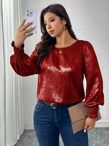 SHEIN LUNE Áo cánh tay bồng cổ tròn họa tiết lá kim loại - Màu Đỏ Sâu - Xem 6