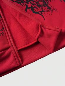 ROMWE MEN Goth Men's Letter & Skull Print Zip-Up Hooded Sweatshirt With Fur Collar - Red - View 6