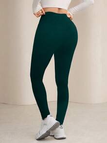 Modelyn Quần legging cạp cao màu trơn thoải mái thường ngày dành cho nữ - Màu xanh lá cây đậm - Xem 2