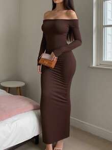INAWLY Solva Women's Solid Color Off Shoulder Long Sleeve Slim Fit Long Dress Fall Cloth For Women