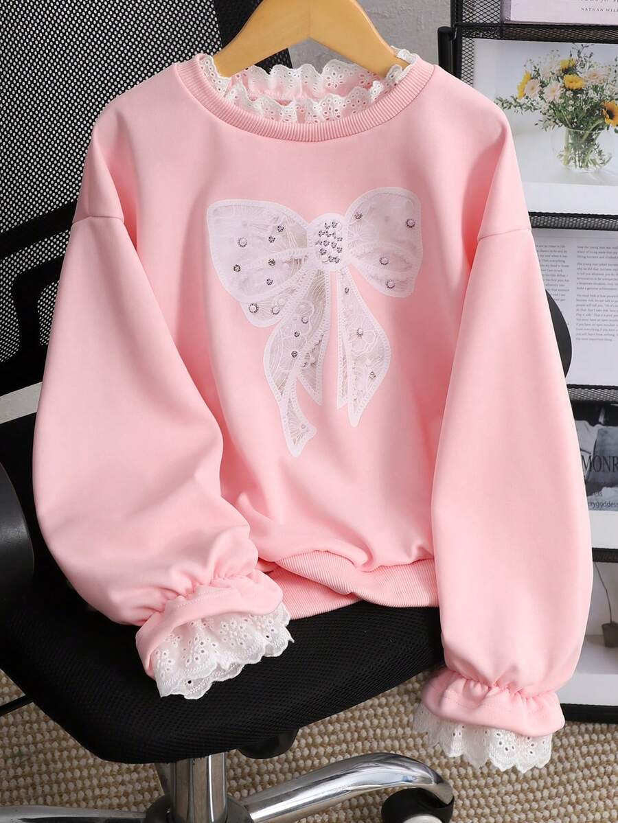 SHEIN Genkimix Kids Girls' Casual Korean Style Lace Patchwork Embroidered Collar Flare Sleeve Sweatshirt, Suitable For Outings, School, Commuting