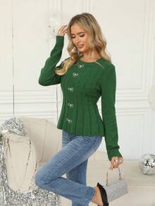 EMERY ROSE Áo len nữ cổ tròn tay dài họa tiết dây cáp thời trang - màu xanh lá - Xem 4