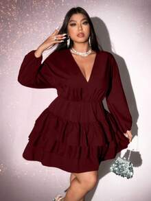 Viva Relle Plus Size Solid Color V-Neck Ruffle Hem Elegant Long Sleeve Dress,Valentine - Burgundy - View 7