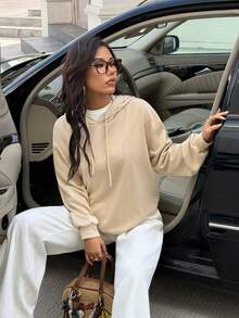 SHEIN EZwear Casual Minimalist "Enjoy" Graphic Print Loose Fit Hoodie Sweatshirt For Women - Khaki - View 4