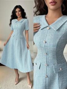 Elenzga 女士蓝绿色纹理面料立领收腰A字中长连衣裙，饰有金属仿珍珠纽扣，设计优雅独特，是高品质的生日礼物，适合约会、派对、正式场合等场合。 - 藍色 - 查看 1