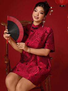 Elenzga Plus Size Women Elegant Jacquard Button Qipao Style Dress