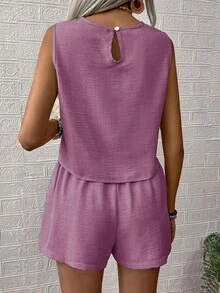 EMERY ROSE Bộ 2 món áo thun cổ tròn màu trơn không tay vải họa tiết rộng rãi và quần short cho nữ - Hồng - Xem 2
